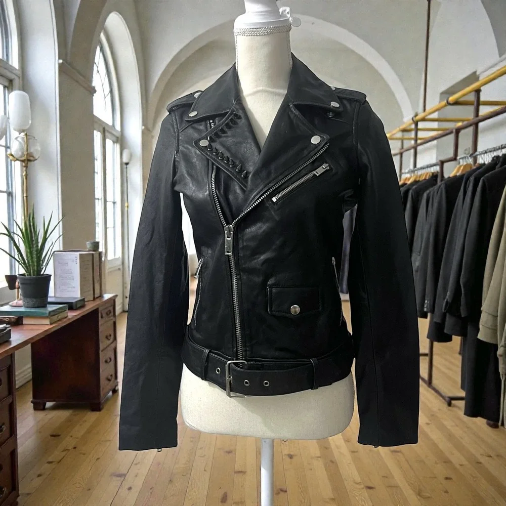 Barneys Originals Black Real Leather Studded Moto Jacket Fetish Back Size 4 - Picture 2 of 9